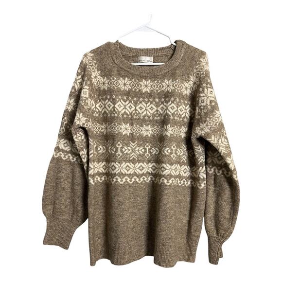 BE Cool Faire Isle Print Knit Sweater Pullover M/L Beige Cream Winter Apres Ski - Picture 1 of 4